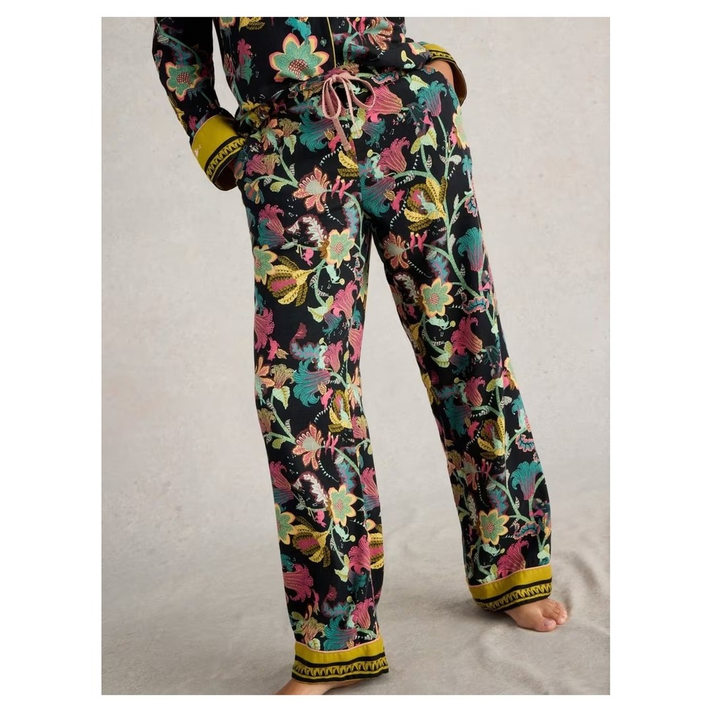 White Stuff Nina Organic PJ Pants Womens Black Multi Small Floral Boho Whimsical